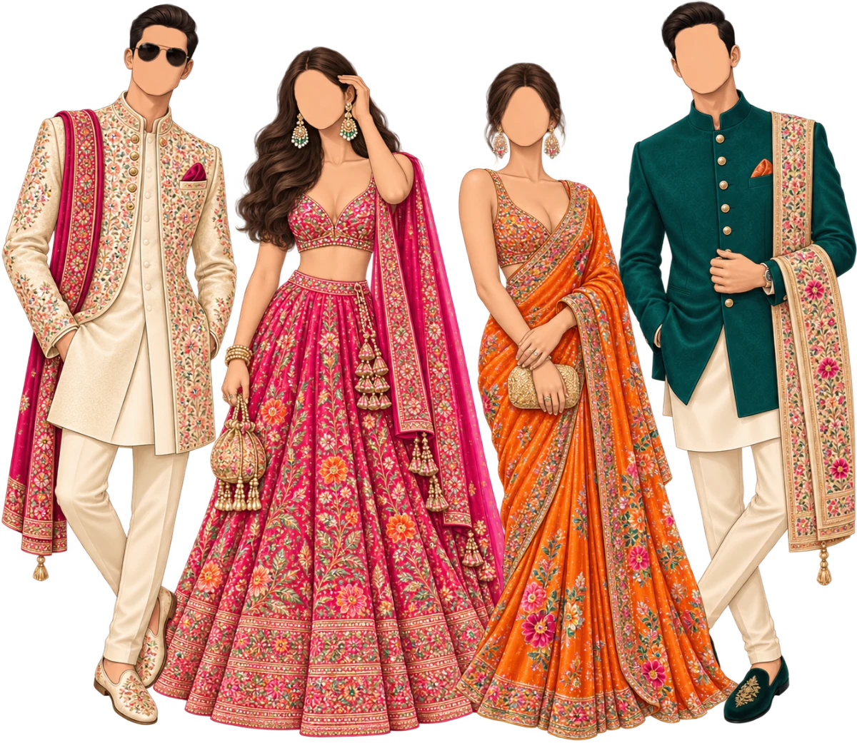 Sehrabandi, Baraat and Pheras wardrobe illustrations — festive Indian ethnic in jewel brights